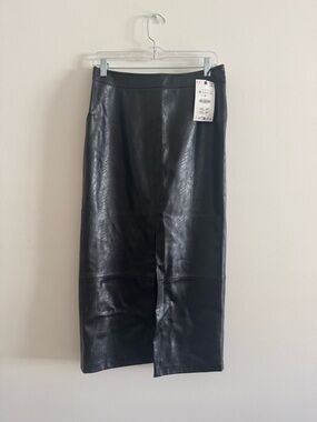 Zara Black Faux Leather Midi Skirt - Straight Panel Design